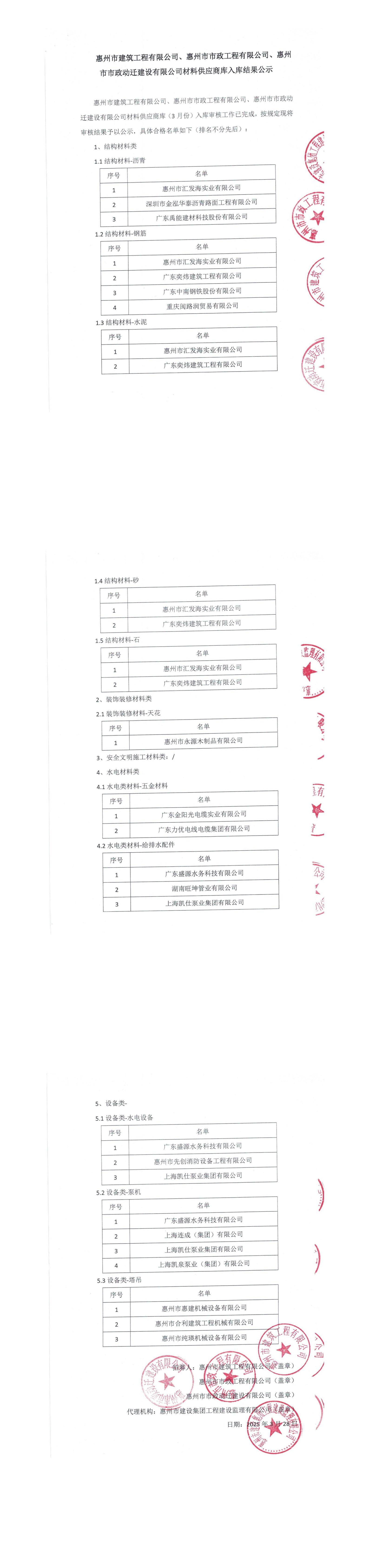 材料供應(yīng)商庫入庫結(jié)果公示