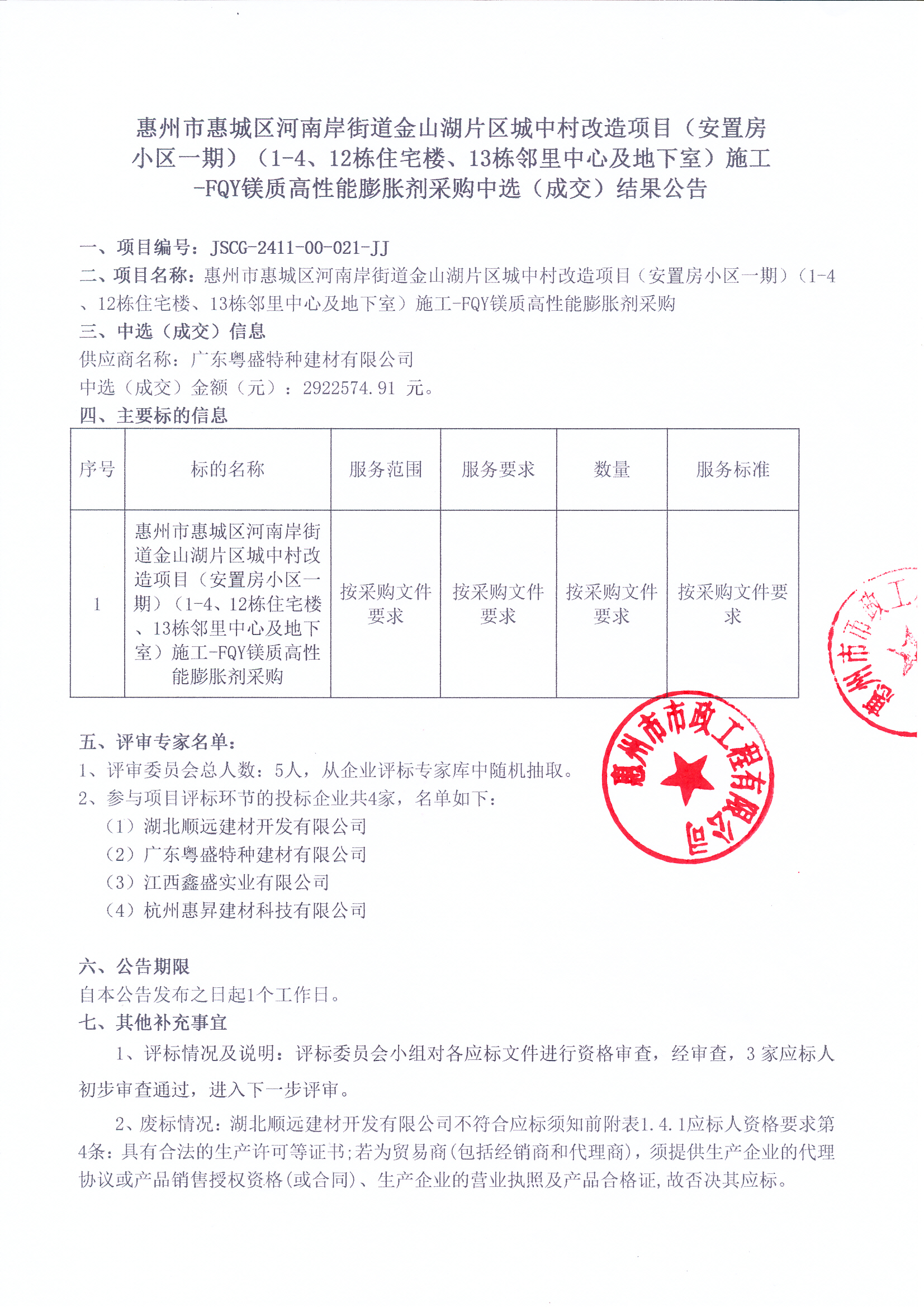 惠州市惠城區(qū)河南岸街道金山湖片區(qū)城中村改造項目（安置房小區(qū)一期）（1-4、12棟住宅樓、13棟鄰里中心及地下室）施工-FQY鎂質(zhì)高性能膨脹劑采購中選（成交）結(jié)果公告
