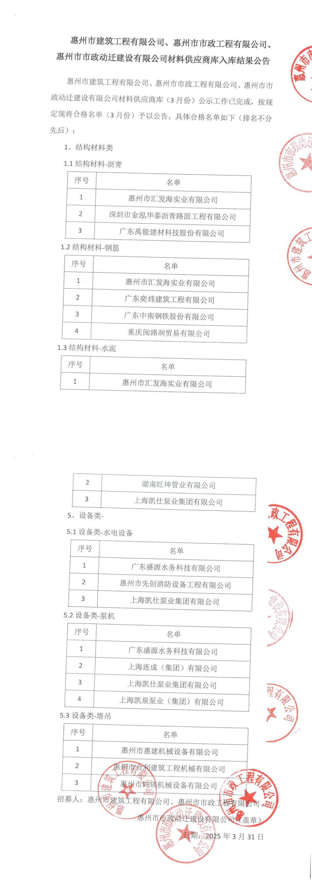 材料供應(yīng)商庫(kù)入庫(kù)結(jié)果公示