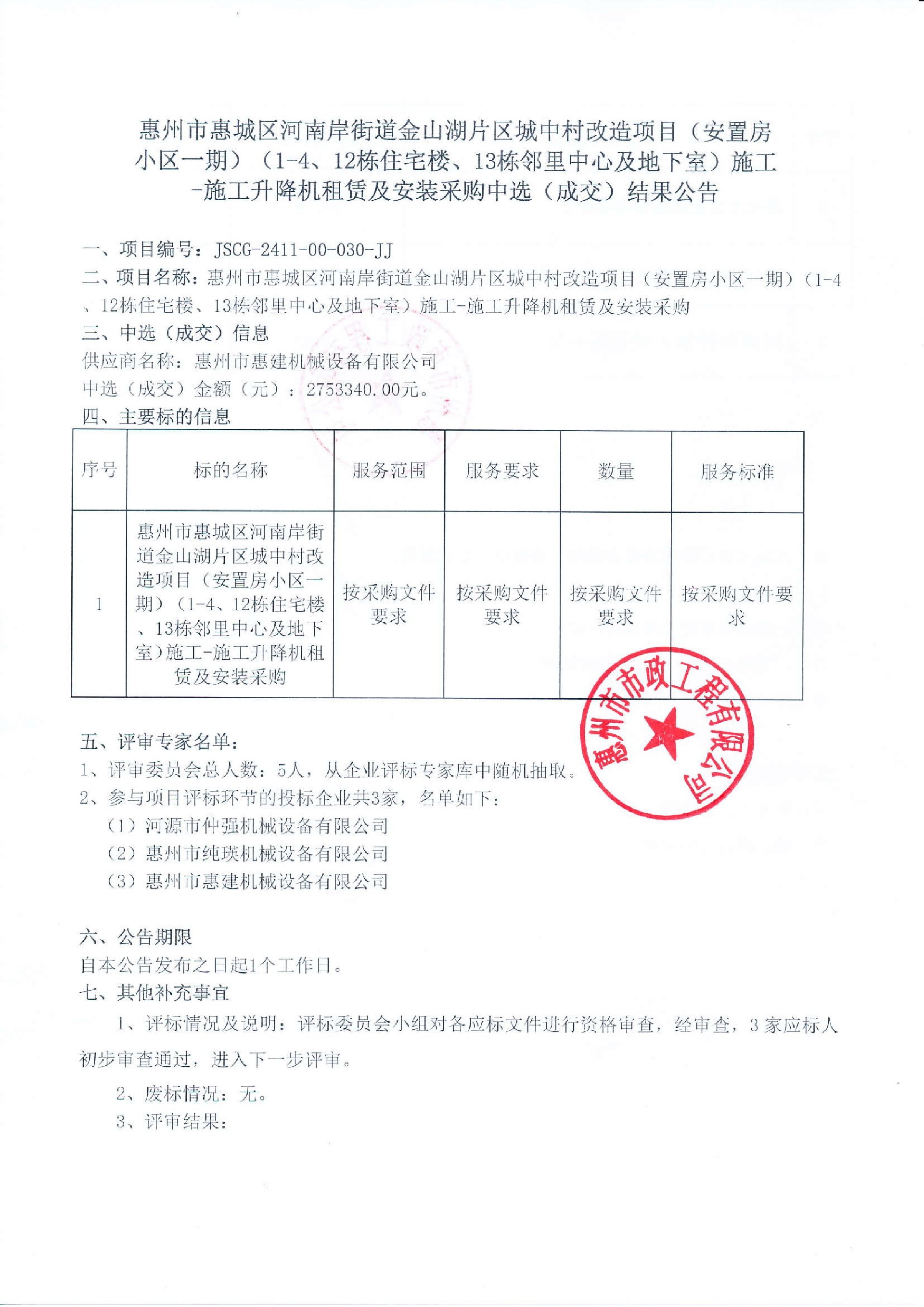 惠州市惠城區(qū)河南岸街道金山湖片區(qū)城中村改造項目（安置房小區(qū)一期）（1-4、12棟住宅樓、13棟鄰里中心及地下室）施工-施工升降機租賃及安裝采購中選（成交）結果公告